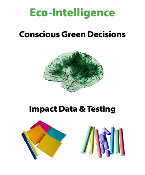 "Eco-Intelligence: Conscious green decisions." Image of a brain with a green leaf overlaid.